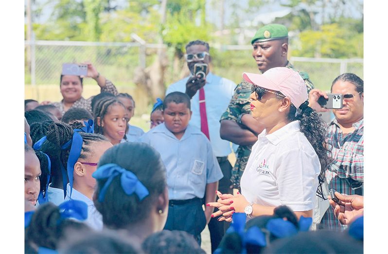 Minister of Education, Sonia Parag speaking with students and teachers of North Georgetown Primary on Friday