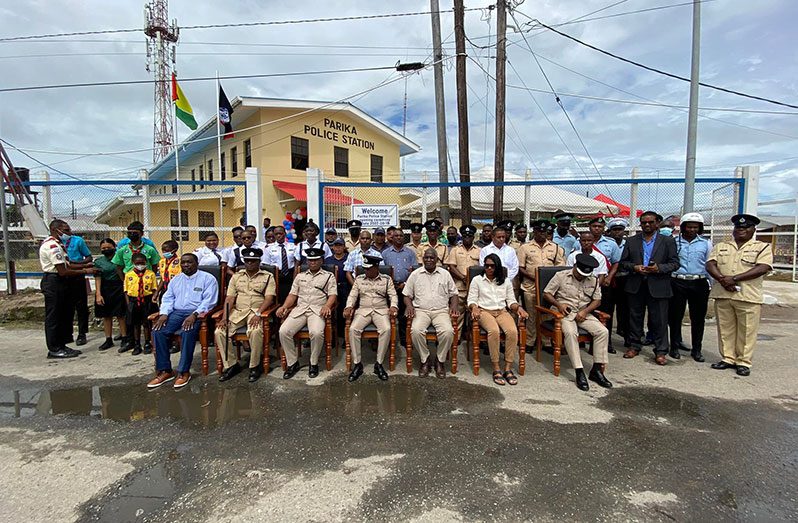 Minister of Home Affairs Robeson Benn (third right), Commissioner of Police (ag) Clifton Hicken and other senior police ranks outside the remodelled Parika Police Station