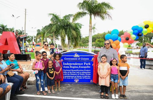 First Lady Arya Ali, her sons Zayd and Ilan alongside Regional Chairperson Vilma De Silva, and other children at the commissioning of the Independence Park in Anna Regina