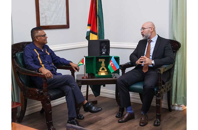 Speaker of the National Assembly Manzoor Nadir and Elnur Ikhtiyar Oglu Sultanov, Ambassador of the Republic of Azerbaijan to Guyana during a meeting held at the Public Buildings in Georgetown