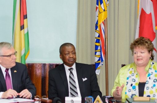 Speaker of the Legislative Assembly of the Province of British Columbia, Linda Reid makes a point in the presence of Speaker of the National Assembly of Guyana Dr. Barton Scotland [center], Canadian High Commissioner to Guyana and Suriname Pierre Giroux