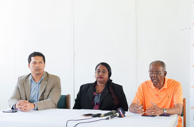 From left: Presidential Candidate of the LJP, Lennox Shuman; Presidential Candidate of TNM, Dr. Asha Kissoon; and Presidential Candidate of ANUG, Ralph Ramkarran (Delano Williams photo)
