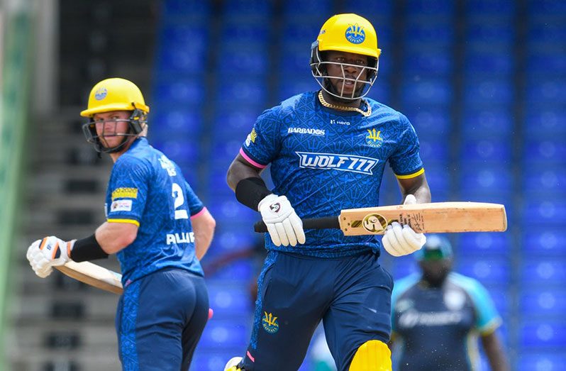 Kyle Mayers (R) and Glenn Phillips (L) of Barbados Royals 100 partnership during the 2021 Hero Caribbean Premier League match 28 between Barbados Royals and Saint Lucia Kings at Warner Park Sporting Complex on September 12, 2021 in Basseterre, Saint Kitts and Nevis. (Photo by Randy Brooks - CPL T20/Getty Images)"