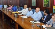 Minister Juan Edghill, Minister Ashni Singh, President Donald Ramotar, Minister Anil Nandlall and Presidential Adviser Gail Teixeira meeting with the main Christian leaders of Guyana on Tuesday