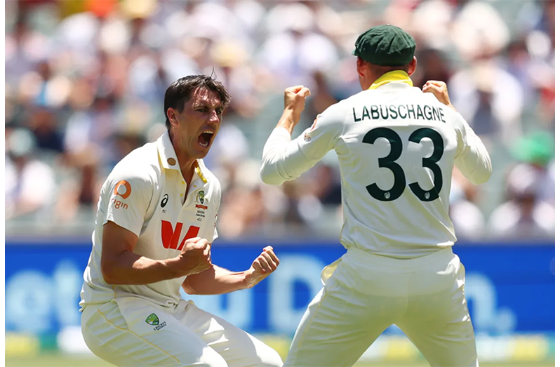 Pat Cummins celebrates the wicket of Joe Root - for the 12th time  •  Getty Images