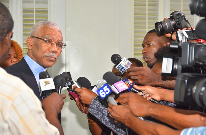 President David Granger responding to reporters on issues relating to his appointment of Justice James Patterson as Chairman of GECOM (Photo by Samuel Maughn)