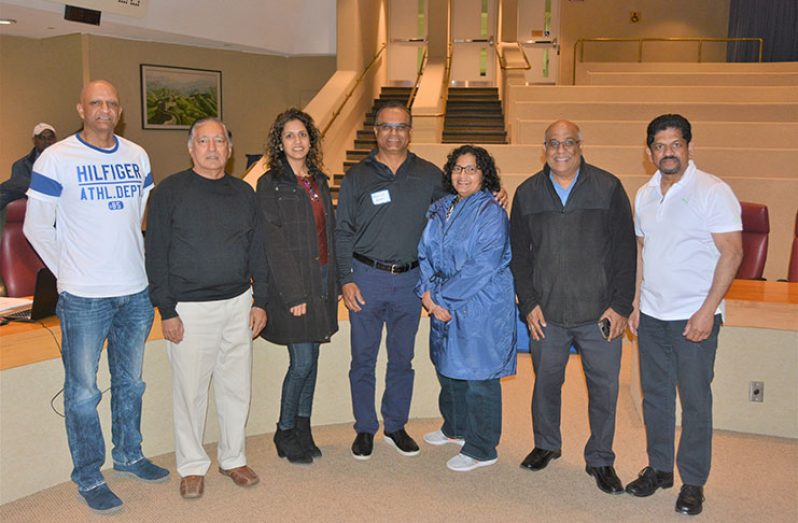 OMSCC executive members: From left are Over-50 coordinator Paul Jaman, president Azeem Khan, secretary Jas Mathura, treasurer Khem Singh, player management/statistician Indira Singh, vice-president Feizal Bacchus and umpires coordinator Dickey Singh.