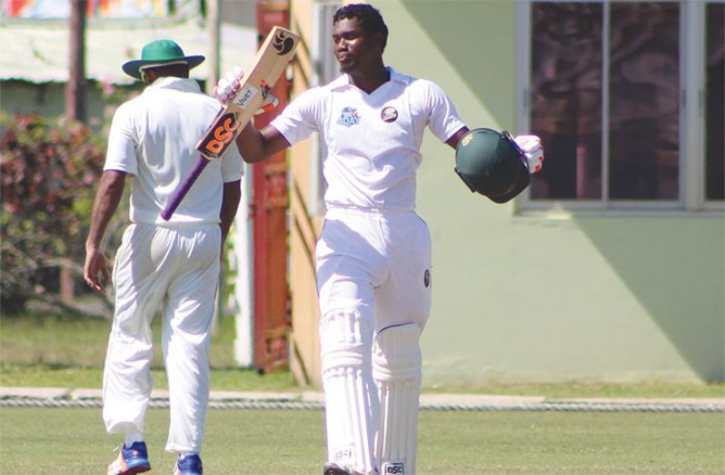 Keemo Paul acknowledges his teammates after scoring his maiden first-class hundred.