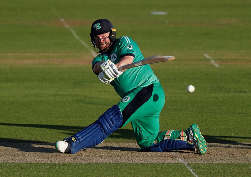 Ireland's Paul Stirling in action during his innings of 142 from 128 balls , as play resumes behind closed doors following the outbreak of the coronavirus disease (COVID-19) Adrian Dennis/Pool via REUTERS