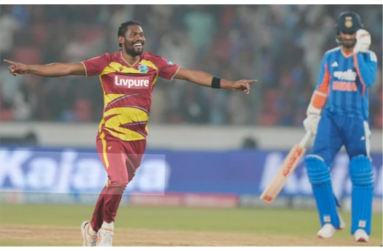 Keemo Paul celebrates one of his five wickets against India in the fourth T20I