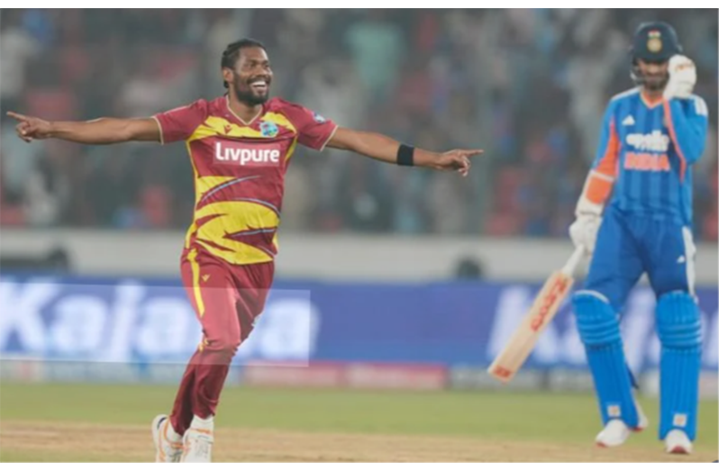 Keemo Paul celebrates one of his five wickets against India in the fourth T20I
