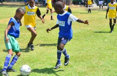 Part of the action during the final preliminary round games in the Petra Organisation/COURTS Pee Wee Football Tournament. (Adrian Narine Photo)