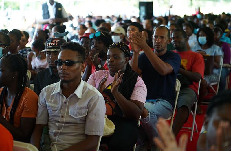 A section of the gathering at the outreach held on the lawns of West Watooka House, Linden, Region 10 (Office of the Vice-President photo)