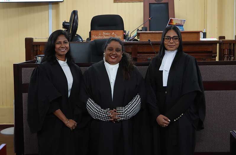 New attorney-at-law Amrita Persaud, on Tuesday, being admitted to practise, alongside Attorney-at-Law Jaya Singh-Backreedy and Justice Priscilla Chandra-Hanif (Sachin Persaud photos)