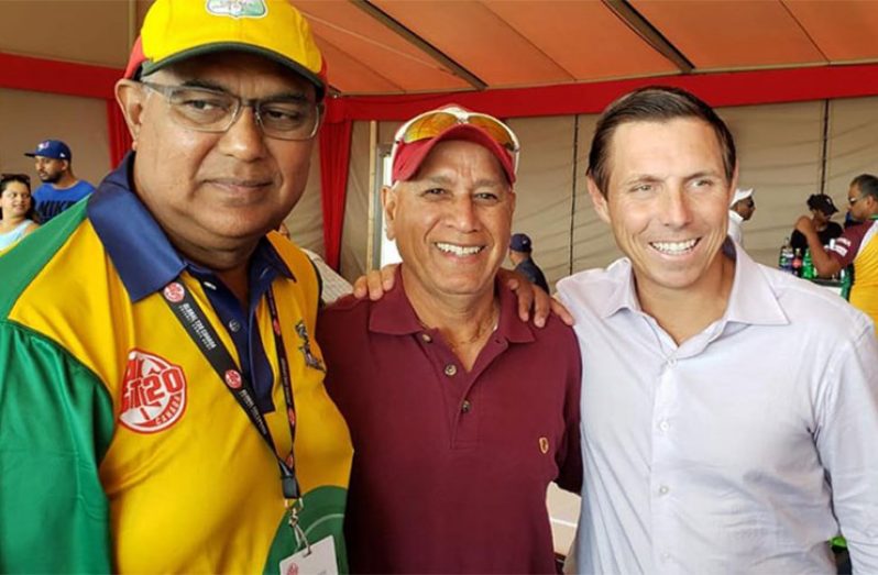 BEDCL president Praimp Persaud (left) with former Canadian national player, Pakistani-born Faro0q Kirmani and Brampton Mayor Patrick Brown at the Global T20 Canada final last Sunday.
