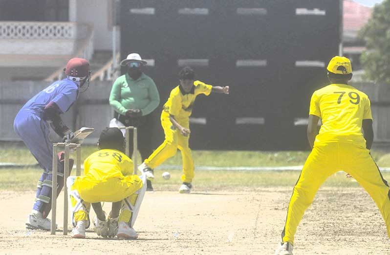 Off-spinner Devraj Persaud in action yesterday at LBI (Sean Devers photos)