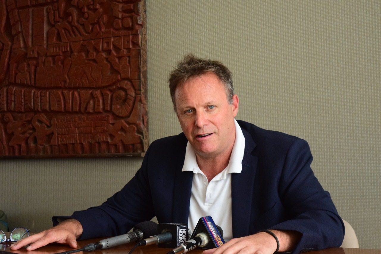 Pete Russell addresses the local media at the Guyana Marriott last Thursday.