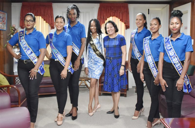 First Lady, MrsSandra Granger (fourth from left) stand alongside the Lethem Town Week pageant contestants.