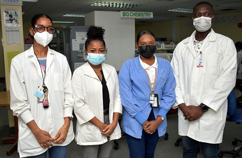 Phlebotomists Carmelita Corlette, Kimberly Baldeo, Kimesha Hyman and Seon Maynard. They all spoke to members of the media about the profession on Thursday as Phlebotomy Recognition Week came to an end on Friday (Carl Croker photographer)