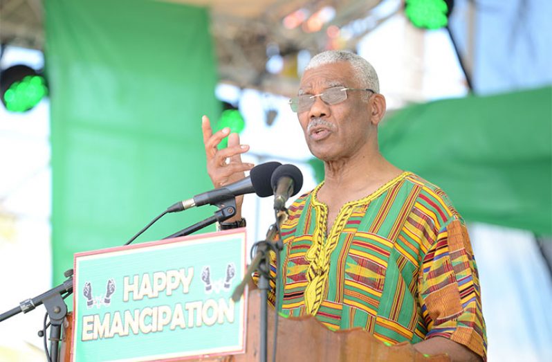 President David Granger speaks at the 181st Emancipation celebrations at Union, Number 53 Village