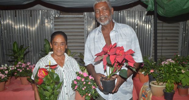 Indria Doodnauth and Rupert Lewis display some of their plants which are available at Business Expo