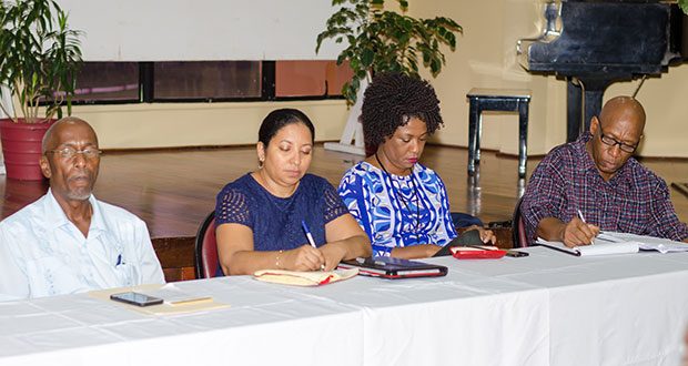 From left to right: UG Registrar, Dr Nigel Gravesande; Deputy Vice Chancellor (Designate) for Philanthropy, Alumni and Civic Engagement, Dr Paloma Mohamed; Deputy Vice-Chancellor, Dr Barbara Reynolds; and Deputy Vice- Chancellor (Designate) for Academic Affairs, Dr Michael Scott, at the press briefing on Friday