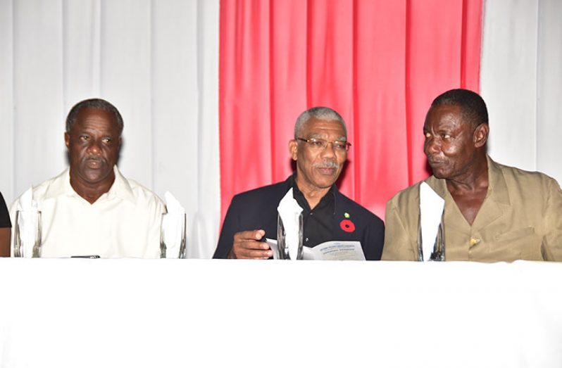 (L-R: GTUC President, Leslie Gonsalves, President David Granger and GTUC General Secretary Lincoln Lewis are seated at the head table during Thursday evening’s opening of the conference (Adrian Narine photo)
