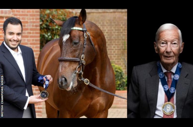 Sheikh Fahad, director of sponsors Qipco with Frankel, and Lester Piggott with his hall of fame medal.