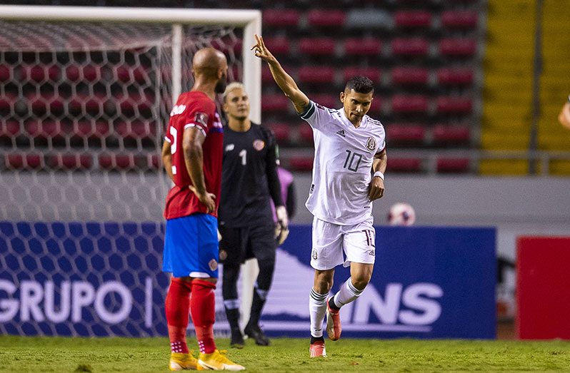 Mexico´s Orbelin Pineda celebrates after scoring from the penalty spot against Costa Rica on September 5, 2021, at the Estadio Nacional in San Jose, Costa Rica. (Photos Mexsport/ Concacaf)