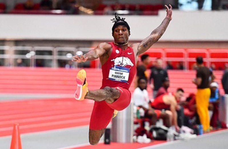 Wayne Pinnock leaps during the men’s long jump competition of the NCAA indoor track & field championships on Friday in the American city of Boston. (Photo by Sadie Rucker/Arkansas Athletics