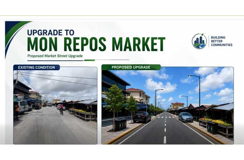 An artist’s impression of one of the proposed upgrades to the Mon Repos Market, showing the existing area alongside the planned streetscape improvements