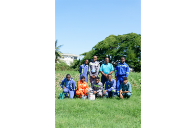 Instructor at the Open Doors Centre for Persons with Disabilities, Michael Trotman, with his students (Samuel Maughn photo)