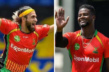 Caption: Imran Tahir (left) and Romario Shepherd