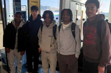 UK-based T&T players before leaving London on December 19. From left: Kayden Bancey, Archie Lovatt, Jashaun Christmas, Tate Ormonde and Eden Ormonde (Photo courtesy TTFA)