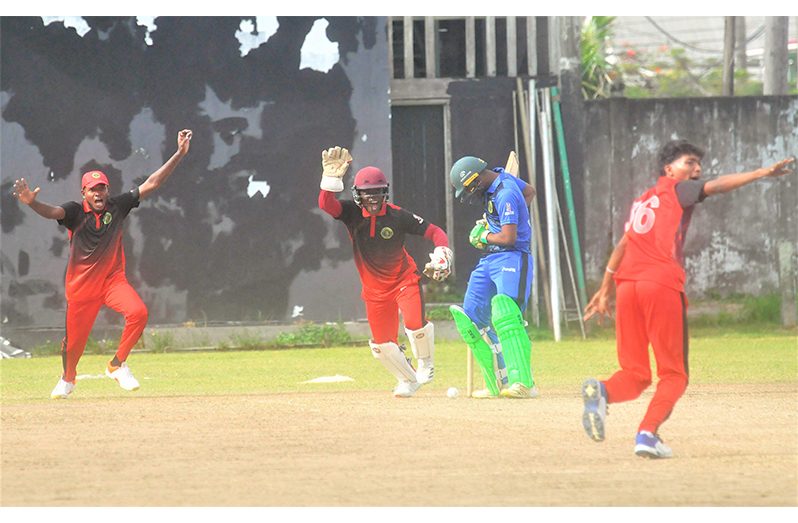 Mavindra Dindyal plays no shot to a big turning off-break from MVP Salim Khan to be LBW for one (Sean Devers photo)
