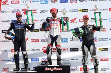 Saturday's Pro Sport Bike podium from Canadian Tire Motorsport Park (L-R): Matt Simpson, Elliot Vieira, and David MacKay. [Photo: Rob O'Brien / CSBK]