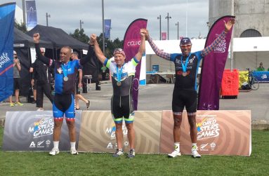 From L to r.  Aubrey Gordon ,Joseph Cullinan and Cyril Hunte at the World Masters Games in Auckland,New Zealand.  Time for the criterium was 36 minutes 51 seconds