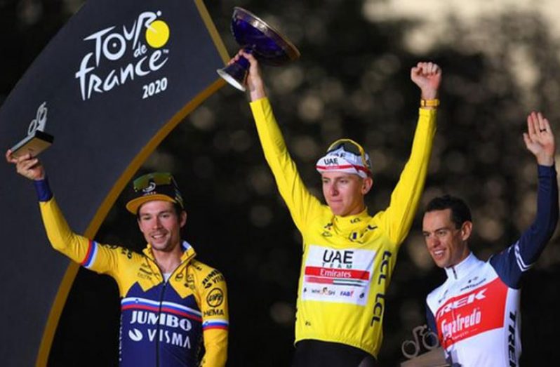 Tadej Pogacar (centre), Primoz Roglic (left) and Richie Porte (right) finished on the 2020 podium