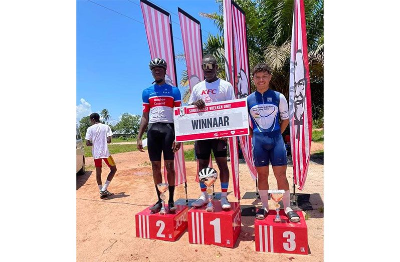 From L-R Romello Crawfrod (second place), Kwame Ridley (Winner) and Xavi Wadili (third place) (Guyana Cycling News Photos)