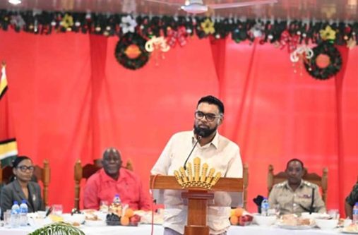 President Dr Mohamed Irfaan Ali delivering the feature address at the GPF’s traditional Christmas breakfast