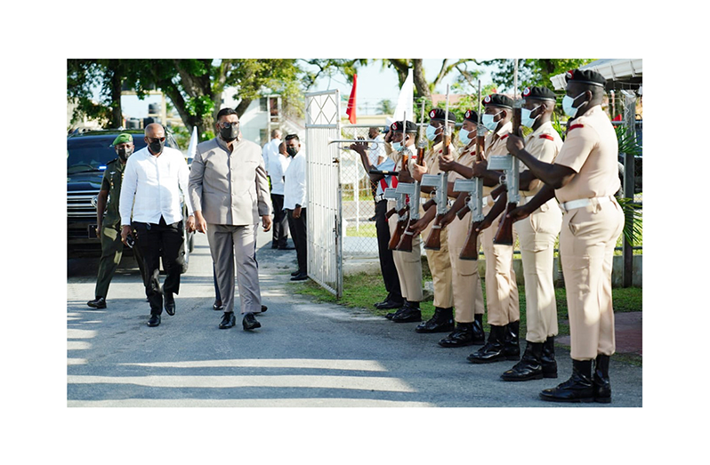 President Dr. Irfaan Ali is saluted by officers of the GPF upon his arrival at the Police Officers’ Mess (Office of the President photo)