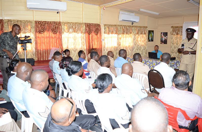 Acting Commander of ‘C’ Division, Senior Superintendent Stephen Mansell, addressing ranks and members of the business community on security plans for the Christmas season during a meeting at Cove and John Police Station (Rabindra Rooplall photo)