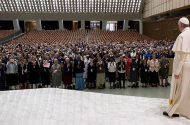 (Pope Francis (R) is greeted by members of the UISG (International Union of Superiors General) during an audience at the Vatican, May 12, 2016. Osservatore Romano)