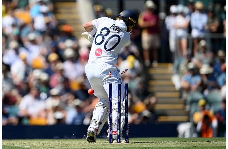 Ollie Pope chopped on in the third over • Dec 04, 2025 • Gareth Copley/Getty Images