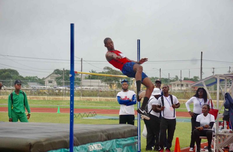 Okemi Porter during his record-breaking jump in the Boys U-20 High Jump.