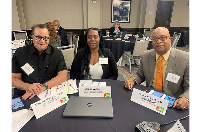 From right: Minister of Public Works, Juan Edghill; Director of Ports and Harbours at the Maritime Administration Department, Louise Williams and Captain Gerry Gouveia, Adviser on National Security to the President