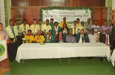 The Awardees or their representatives strike a pose with members of the Guyana Cricket Board and their feature speaker for the night’s activity, WICB president Whycliffe ‘Dave’ Cameron (sitting at right). (Photo by Cullen Bess-Nelson)