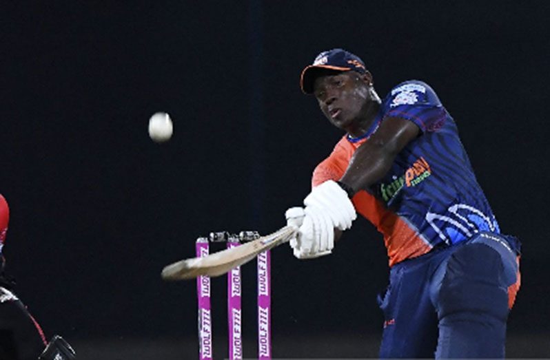 Rovman Powell hits out during his 42 for Kandy Warriors on Monday