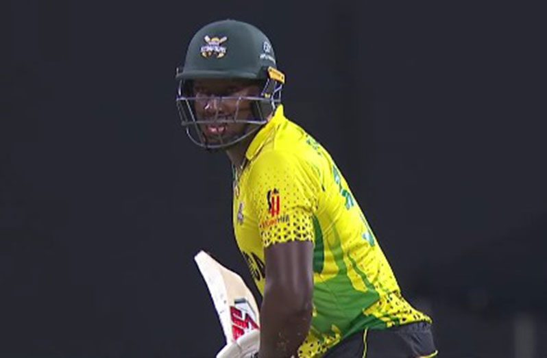 Jamaica Scorpions captain Rovman Powell bats during his unbeaten hundred on Thursday night