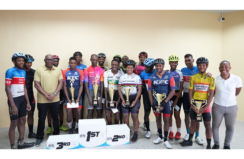 Director of Sport, Steve Ninvalle (far left) along with the top finishes of the Independence Three-Stage Cycle Road Race. The overall winner was Barbadian Phillip Clarke (fourth from left)